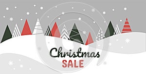 Christmas winter sale, abstract banner with snowdrifts and coniferous plants. Holiday merry xmas scene, snow mountain