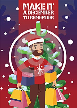 Christmas winter sale vector happy smile beard face boy man with shopping bags 2019 Xmas shopping big offer banner to