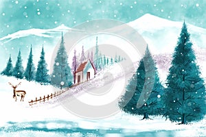 Christmas winter scenery of cold weather and frost christmas tree background