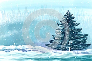 Christmas winter scenery of cold weather and frost christmas tree background