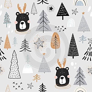 Christmas winter seamless pattern  for kids with cute bears and trees