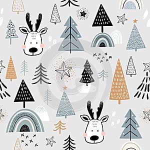 Christmas winter seamless pattern with reindeer, kids wallpaper, holidays background for gift paper