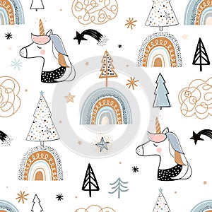 Christmas winter seamless pattern with unicorns and rainbows, kids wallpaper, holidays background for gift paper