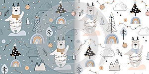 Christmas winter seamless patterns set for kids with cute bears, trees and rainbows