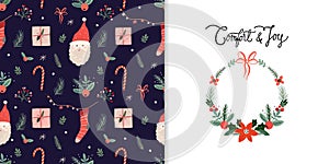 Christmas winter set with seamless pattern and greeting card, cute seasonal elements, Santa Claus