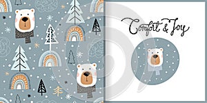 Christmas winter set with seamless pattern and greeting card, kids background, wallpaper, gift paper