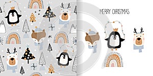 Christmas winter set with seasonal seamless pattern and greeting card, kids wallpaper