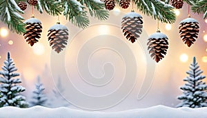 Christmas winter snow decoration pine cone tree branch soft light