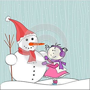 Christmas winter snowman and little girl