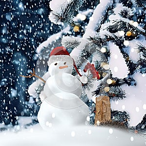 Christmas winter  snowman in red santa hat near  pine tree covered by snow greeting card template background banner