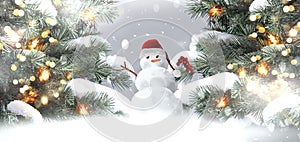 Christmas winter  snowman in red santa hat near  pine tree covered by snow greeting card template background banner