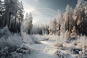 Christmas winter snowy dense forest, sunrise. River frozen with ice. AI generated.