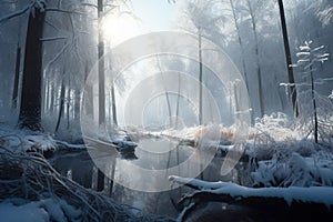 Christmas winter snowy dense forest, sunrise. River frozen with ice. AI generated.