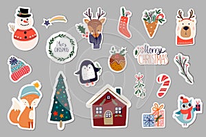 Christmas winter stickers collection with seasonal design, cute animals and elements for scrapbook