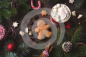 Christmas or winter still life with cup of hot chocolate, cookies and candy canes