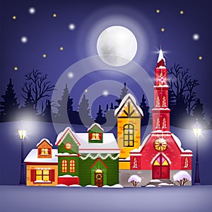 Christmas winter vector illustration with holiday houses, full moon, night sky, stars, forest silhouette.