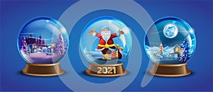 Christmas winter vector snow ball collection with decorated village houses, pine trees, Santa Claus. X-mas glass globe