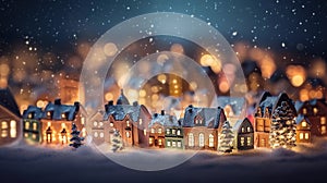 Christmas winter village landscape, bokeh lights and illumination. Generative AI.