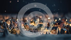 Christmas winter village landscape, bokeh lights and illumination. Generative AI.