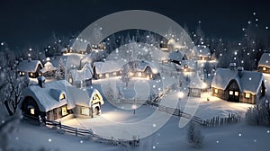 Christmas winter village landscape, bokeh lights and illumination. Generative AI.