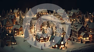 Christmas winter village landscape, bokeh lights and illumination. Generative AI.