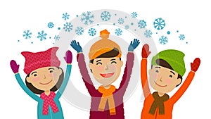 Christmas, winter, wintertime concept. Children rejoice in the snow. Cartoon vector illustration