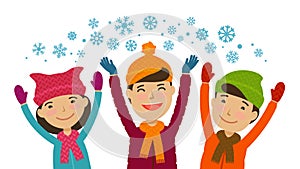 Christmas, winter, wintertime concept. Children rejoice in the snow. Cartoon vector illustration photo