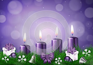 Christmas wish card with candles in purple vector