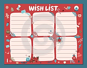 Christmas wish list with a festive character, Christmas tree toys, gifts and decorations. Design for vector