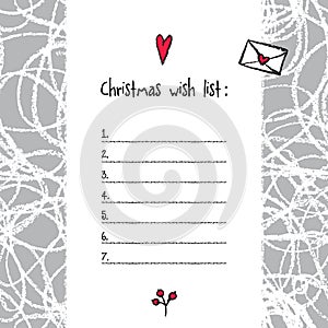 Christmas wish list template. Hand drawn elements. Printable design.