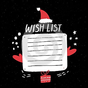 Christmas wish list template with red santa hat and gift box illustration. Empty wishlist design for kids poster
