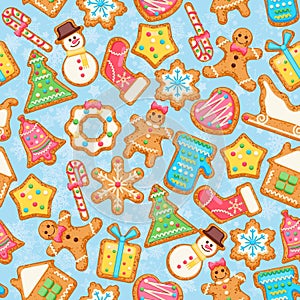 Christmas wishes with colorful gingerbreads on seampless pattern. Vector greeting card in flat style with snowflakes