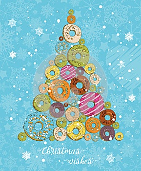Christmas wishes with donuts. Modern vector greeting card in flat style with snowflakes