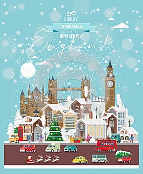 Christmas wishes from England. Modern vector greeting card in flat style with snowflakes, winter city, decorations, cars and happ