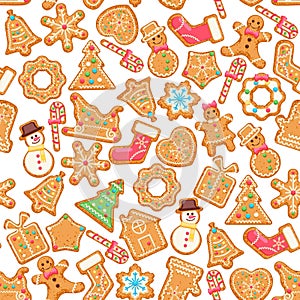 Christmas wishes with gingerbreads on seampless pattern. Vector greeting card in flat style with snowflakes photo