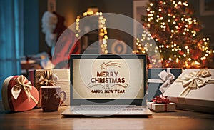 Christmas wishes on a laptop and Santa bringing gifts at home