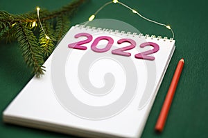 Christmas wishlist 2022 or letter to Santa on green colored paper background. Festive decoration, Christmas garland