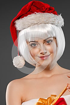 Christmas woman with gift box blonde female portrait
