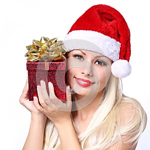 Christmas Woman with Gift Box. Happy Beautiful Blonde