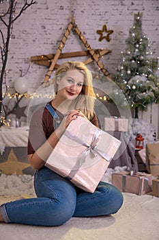 Christmas Woman Open Present Gift Box In Xmas Room, Holiday Tree