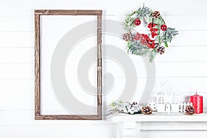 Christmas Wood Empty Frame on a Light Background