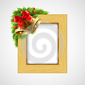 Christmas wood frame with Bell and holly berry