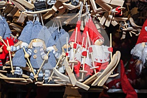 Christmas wood toy decorations and ornaments on the market in Vienna. For sale on Christmas fair