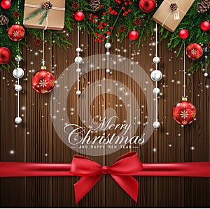 Christmas wooden background with decorations element and red ribbon