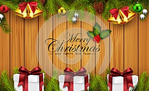 Christmas wooden background with fir branches and white gift boxes