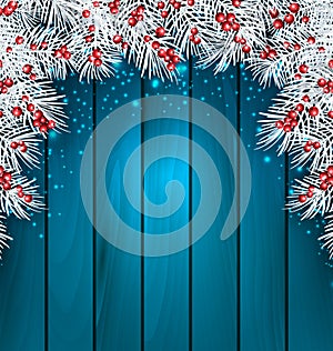 Christmas Wooden Background with Fir Tree Twigs