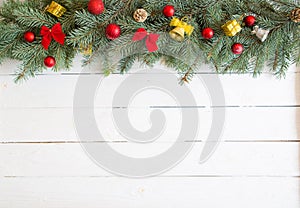 Christmas wooden background with fir tree. View from above with copy space