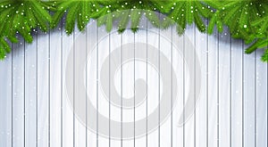 Christmas Wooden Background With Green Fir Branches And Snowflakes