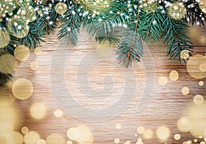 Christmas wooden background with pine