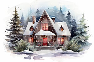 Christmas wooden house in forest. Watercolor winter illustration. Holiday card for design or print